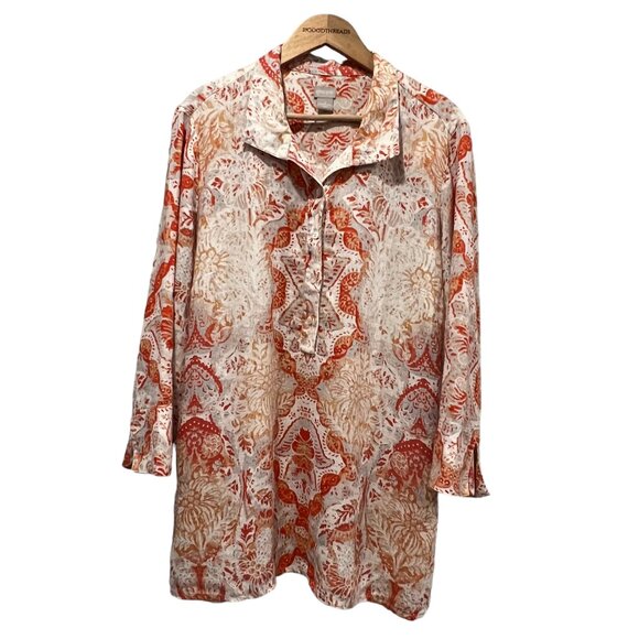 Chico's Linen Button Placket Tunic Top, Relaxed Fit, Print, Orange Cream, XL - Picture 9 of 9